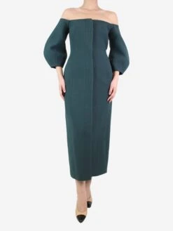 Green Off-shoulder Puff Sleeve Midi Dress - Size