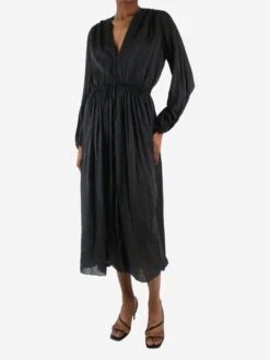FORTE_FORTE Black Long-sleeved V-neckline Sheer Midi Dress - Size UK 6