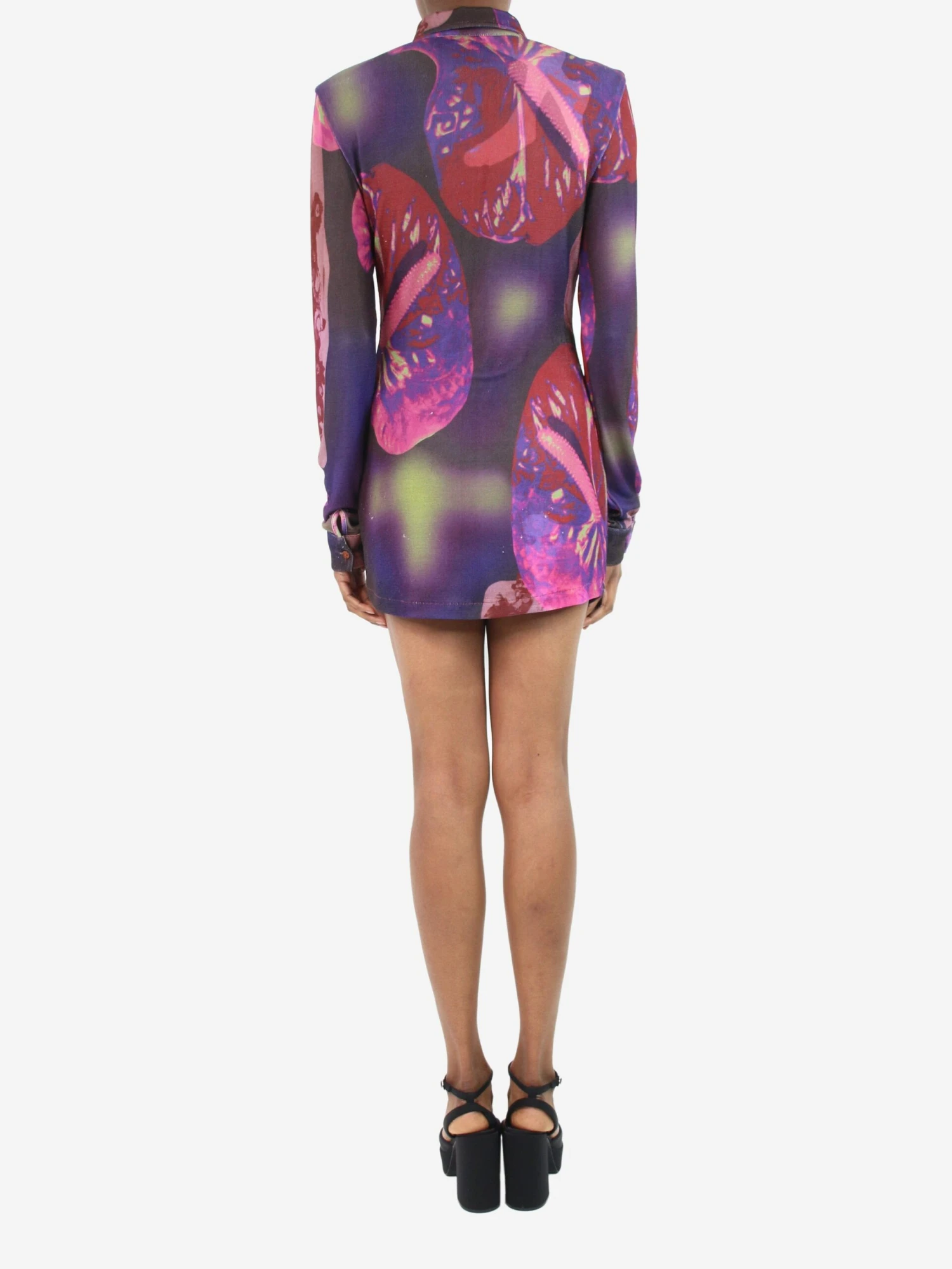 Purple Print Ruched Button-up Shirt Dress - Size XS 4 Purple Print Ruched Button-up Shirt Dress - Size XS - Image 2