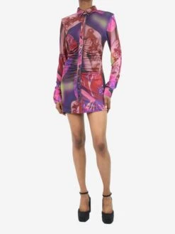 Purple Print Ruched Button-up Shirt Dress - Size XS