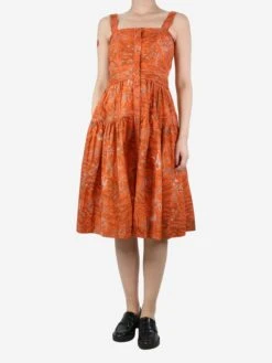 ULLA JOHNSON Orange Floral Printed Strap Dress - Size UK 8