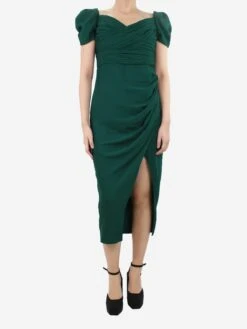 SELF PORTRAIT Green Off-shoulders Ruched Dress - Size UK 12