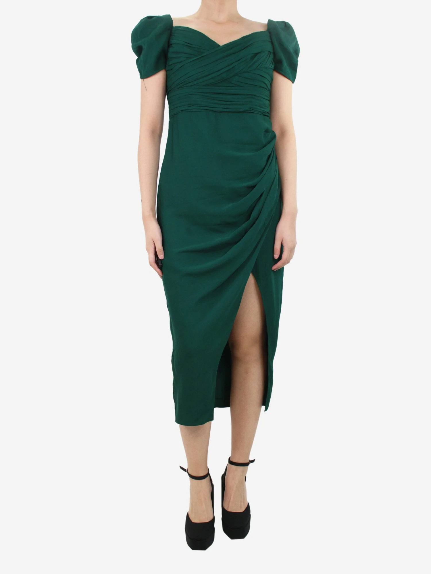 SELF PORTRAIT Green Off-shoulders Ruched Dress - Size UK 12 3 SELF PORTRAIT Green Off-shoulders Ruched Dress - Size UK 12