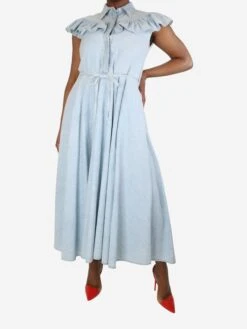 Miu Miu Light Blue Sleeveless Ruffled Denim Dress - Size UK 12