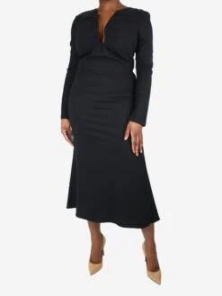 Black Long-sleeved Stretch Cady Midi Dress - Size UK 12