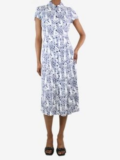 Blue Short-sleeved Printed Midi Dress - Size UK 6
