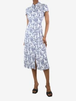 Blue Short-sleeved Printed Midi Dress - Size UK 6 -The Dress Suite IMG 8987 0e8e2b79 524a 4b19 a37b 215c1a5329ce