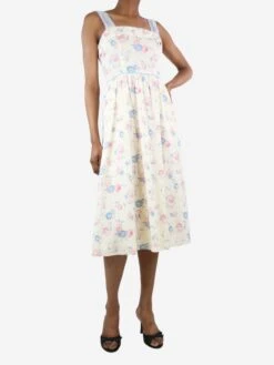Cream Sleeveless Floral-printed Midi Dress - Size UK 6