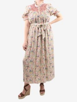 Multicoloured Floral Printed Dress With Belt - Size L