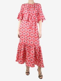 Red Belted Silk Floral-printed Midi Dress - Size M