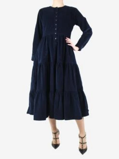 Blue Corduroy Tiered Midi Dress - Size M