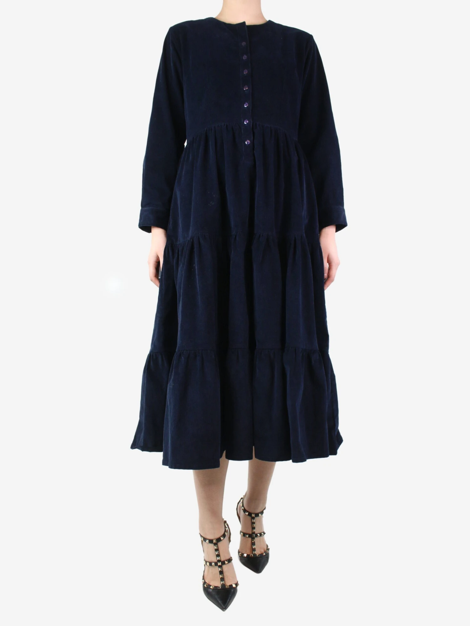 Blue Corduroy Tiered Midi Dress - Size M 5 Blue Corduroy Tiered Midi Dress - Size M - Image 3