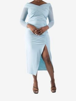 SELF PORTRAIT Blue Off-the-shoulder Ruched Midi Dress - Size UK 12