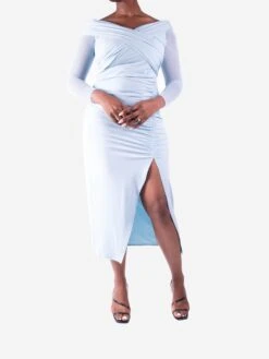 SELF PORTRAIT Blue Off-the-shoulder Ruched Midi Dress - Size UK 12 -The Dress Suite IMG 9516 f3dc0ac2 b9f4 46fd b355 50fc239339d1