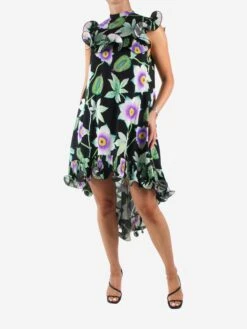 Black Floral Printed Ruffle Asymmetric Dress - Size FR 36