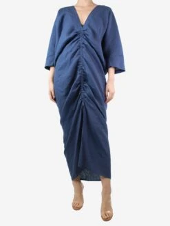 Blue Linen Gathered V-neck Dress - Size XS