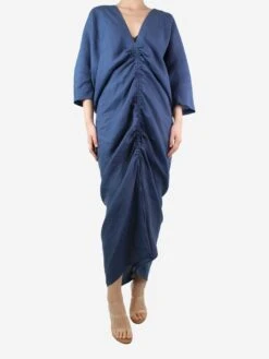 Blue Linen Gathered V-neck Dress - Size XS -The Dress Suite IMG 9770 7839d8c6 5586 49ff 9863 1ee0187e50d6