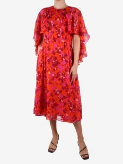 Orange Silk Floral Printed Midi Dress - Size UK 14