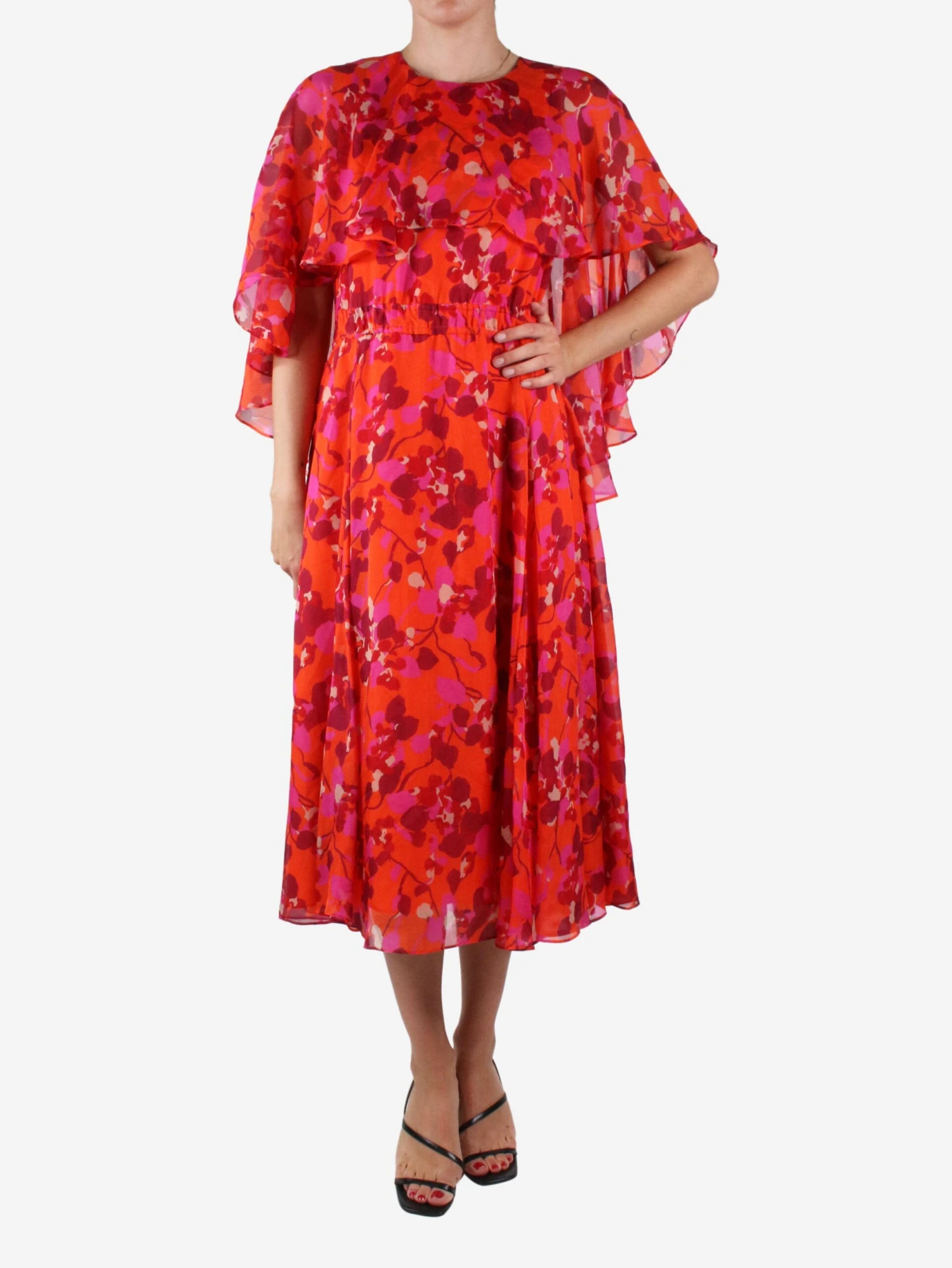 Orange Silk Floral Printed Midi Dress - Size UK 14 5 Orange Silk Floral Printed Midi Dress - Size UK 14 - Image 3