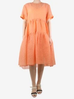 Orange Textured Tiered Midi Dress - Size UK 10
