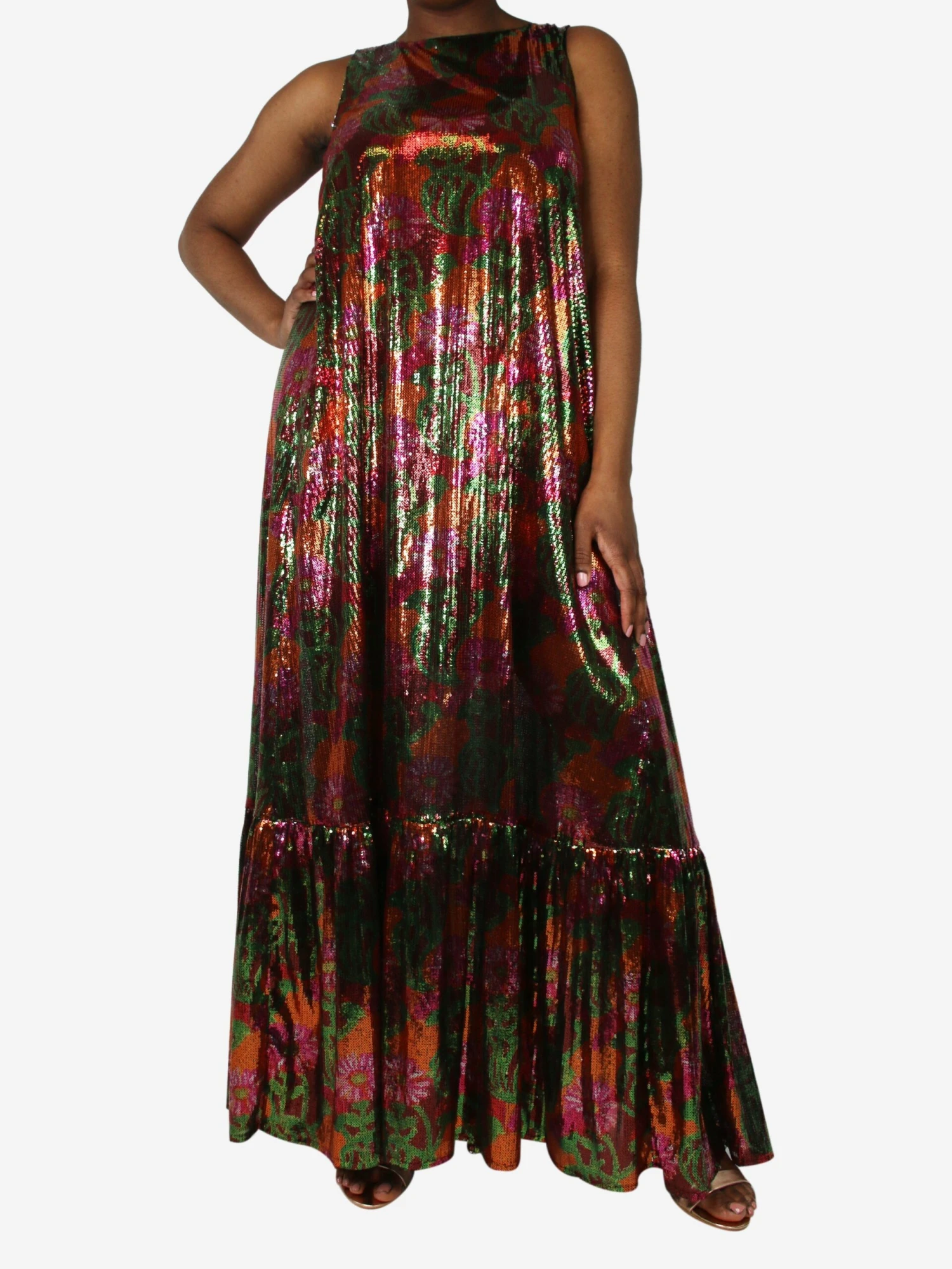 Multicoloured Sleeveless Floral Sequin Dress - Size L 3 Multicoloured Sleeveless Floral Sequin Dress - Size L