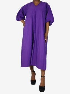 Purple Puff-sleeved V-neck Dress - Size UK 12 -The Dress Suite IMG 9967 6608b21e 7416 43ef 9bb8 cebb7dae9933