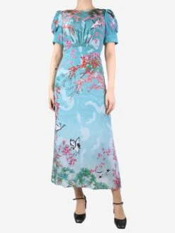Blue Floral Printed Silk Maxi Dress - Size UK 8
